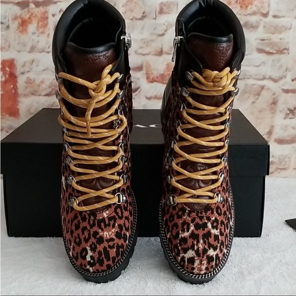 COACH Loren Leather-Trimmed Leopard-Print Tweed Hiking Boots - Picture 7 of 8